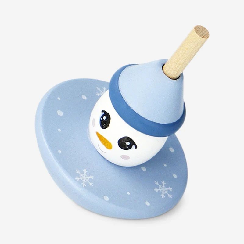 Wooden spinning top with snowman