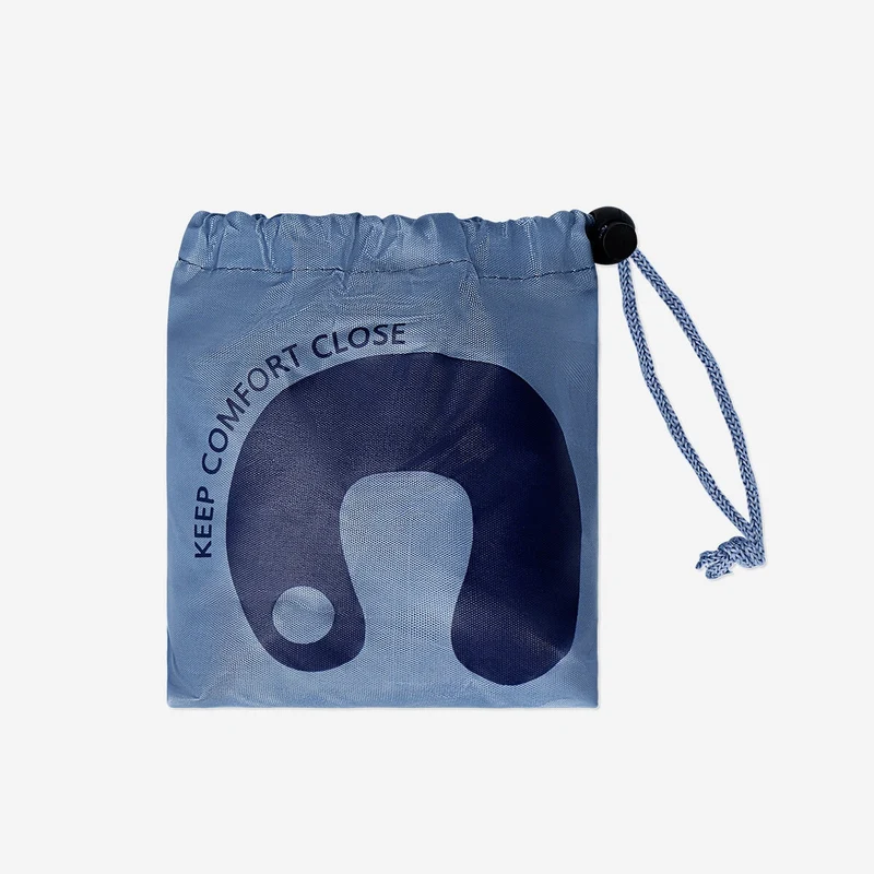 Inflatable travel pillow in drawstring bag