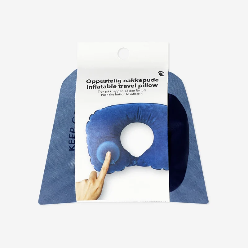 Inflatable travel pillow in drawstring bag