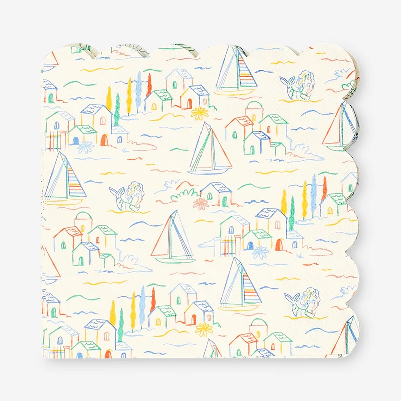 Napkins with scalloped edge and summerhouse print - 16 pcs