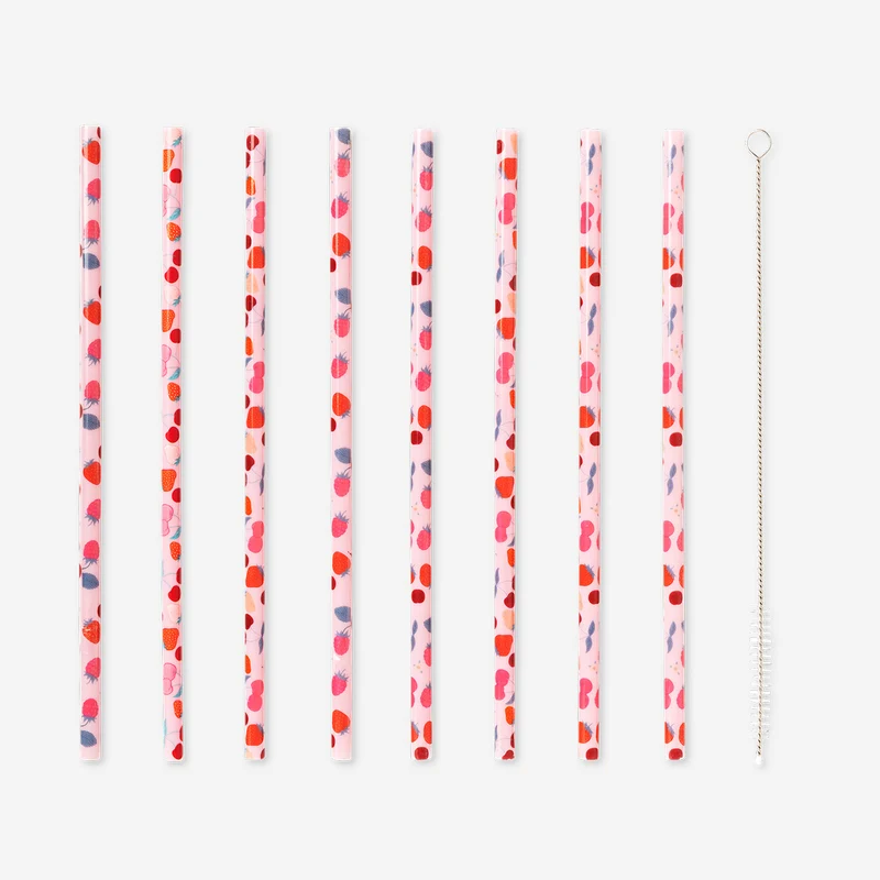 Strawberry straws with cleaning brush - 8 pcs