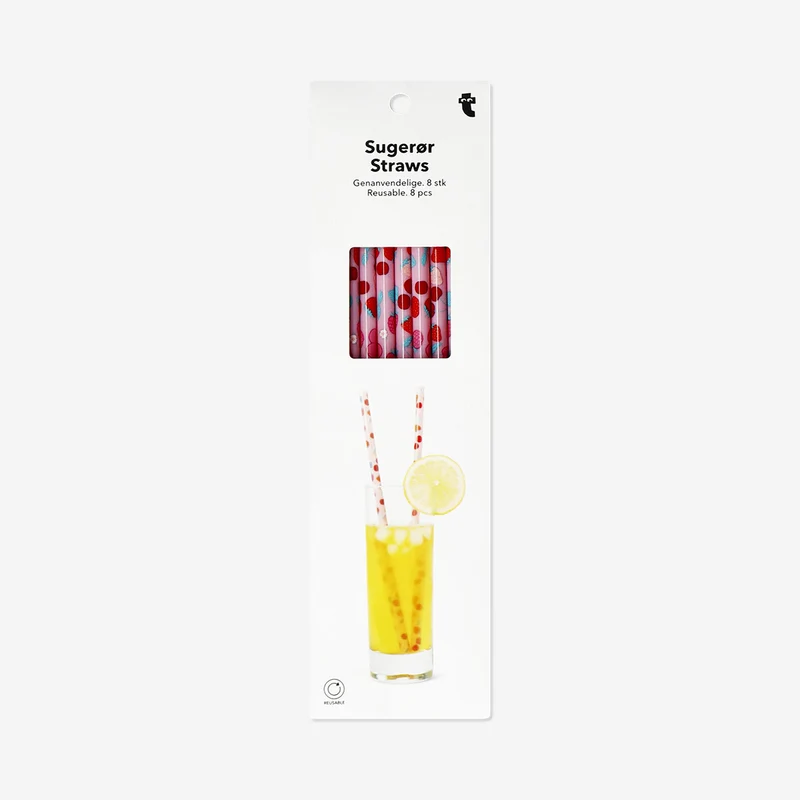 Strawberry straws with cleaning brush - 8 pcs