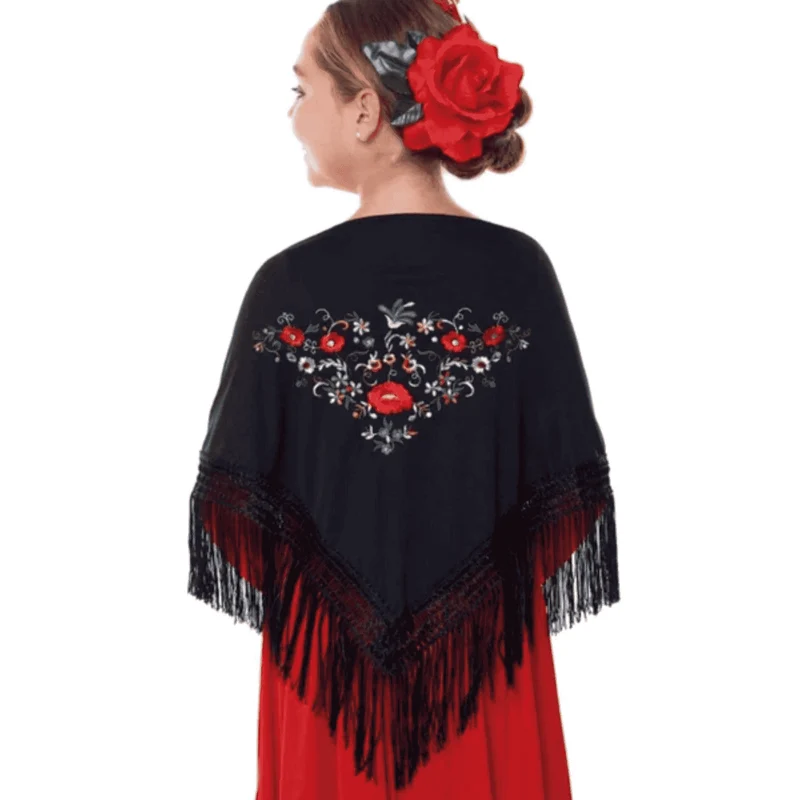 Mantón Bordado Chulapo Negro con Flecos – Tamaño Pequeño