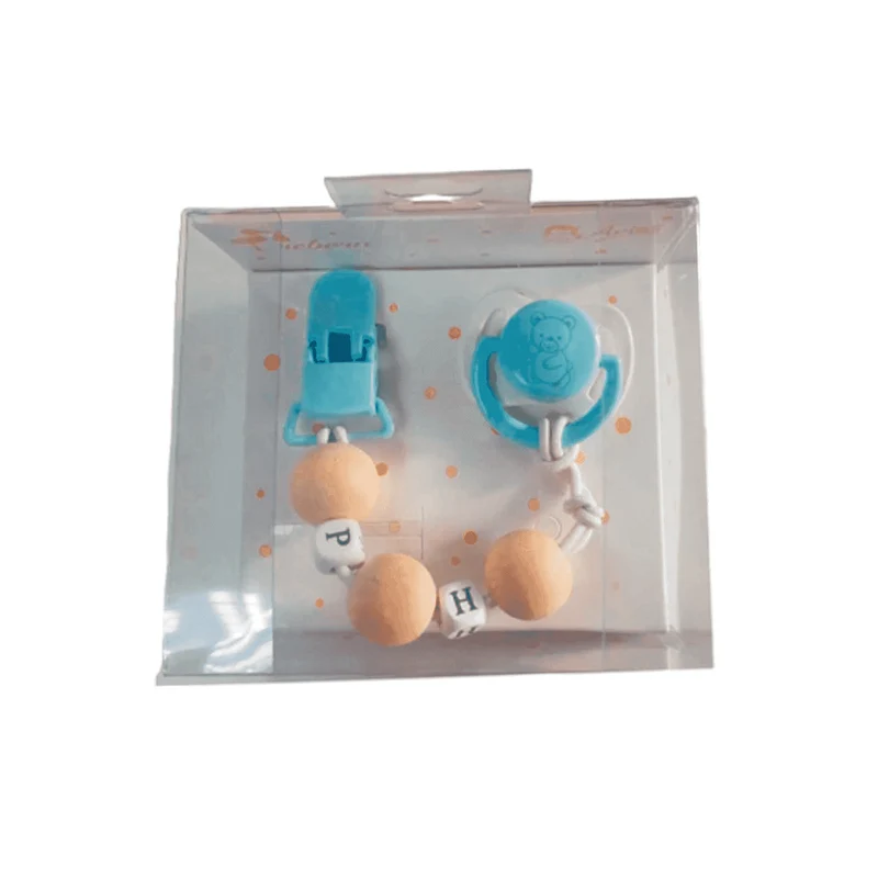 Muñecas Arias Set Chupete Azul Blanco con Cadena Madera y Pinza