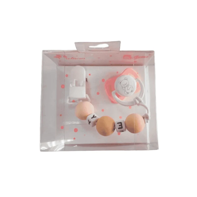 Muñecas Arias Set Chupete Rosa Blanco con Cadena Madera y Pinza