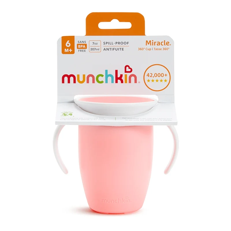 Vaso Antiderrame con Asa y Tapa - Miracle 360º Rosa Pastel · Munchkin