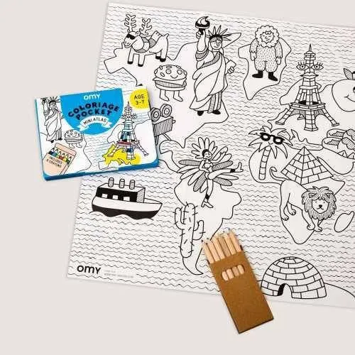 Pocket OMY Atlas para colorear + 6 lápices colores