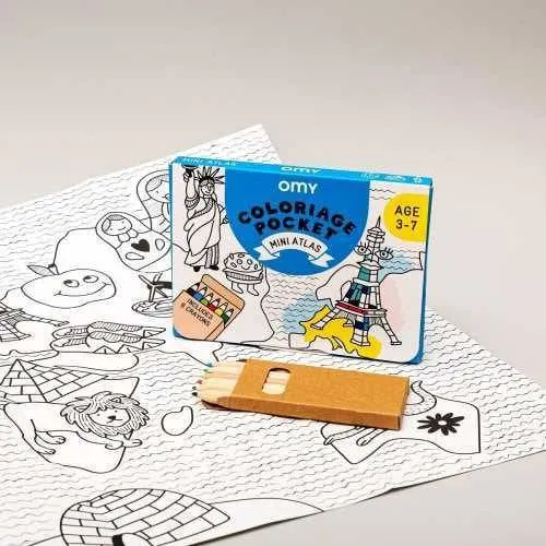 Pocket OMY Atlas para colorear + 6 lápices colores