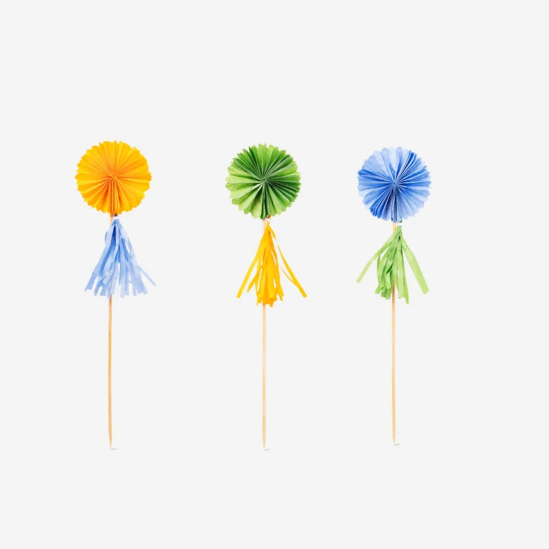 Food picks with paper fans and tassels - 3 pcs