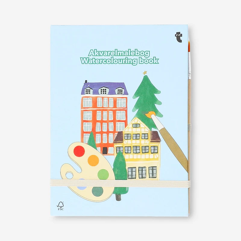 Watercolouring book with paint and brush