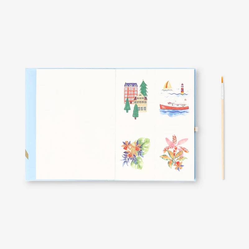 Watercolouring book with paint and brush