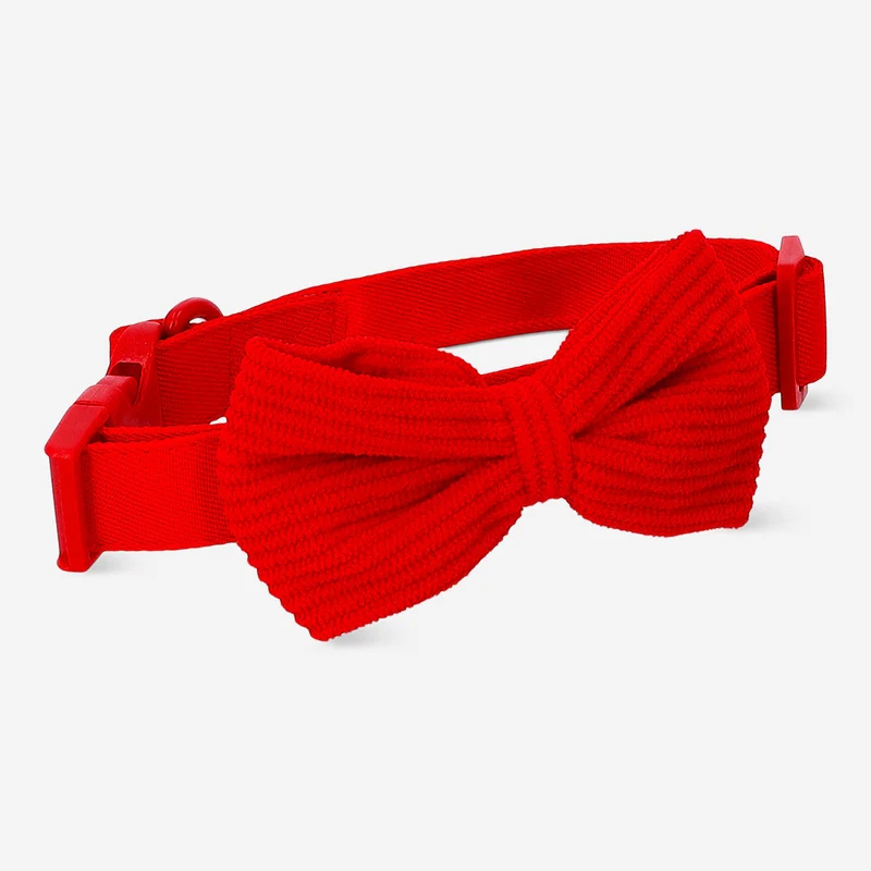 Adjustable pet collar - Red corduroy bowtie