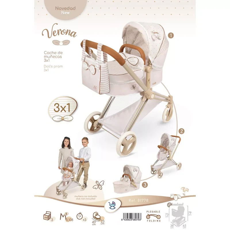 Coche de Muñecas 3x1 Plegable con Capazo y Silla