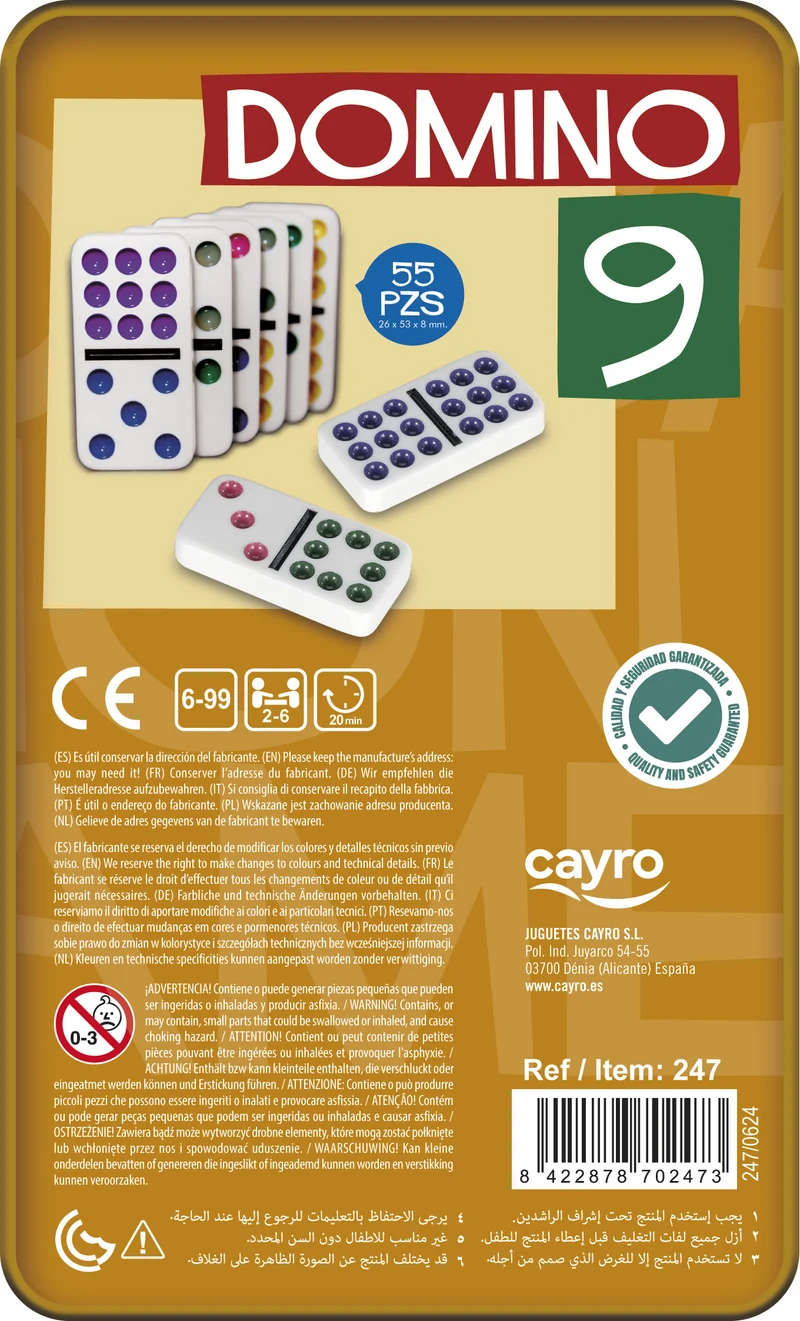 DOMINÓ COLORES DOBLE 9 - Juego de mesa - Cayro - 2-6 jugadores - 6+ años - 10-30 min