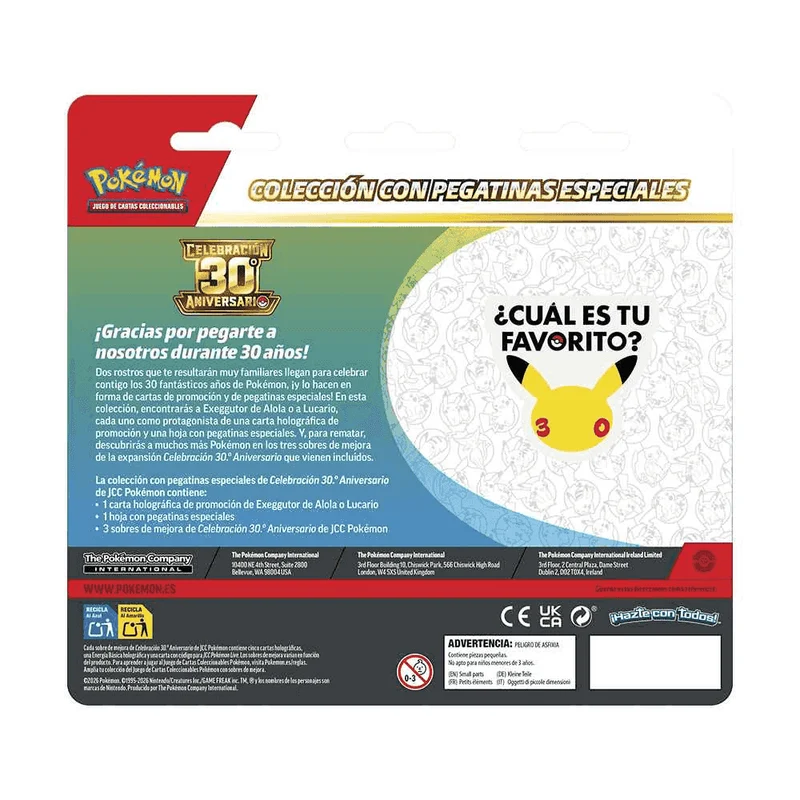 Pokémon TCG 30º Aniversario Tech Sticker Collection con 3 Sobres y Pegatinas +6 años