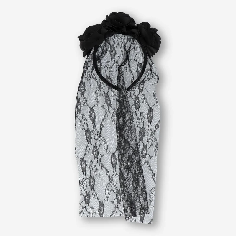 Hairband with black flowers and veil - For adults