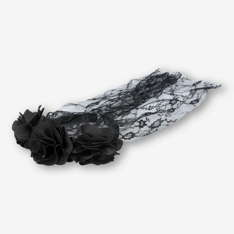 Hairband with black flowers and veil - For adults